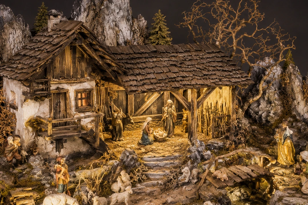 Detail of Alpina handcrafted mountain farmhouse, shingle roof, stable, bridge, rocks, and warm lighting
