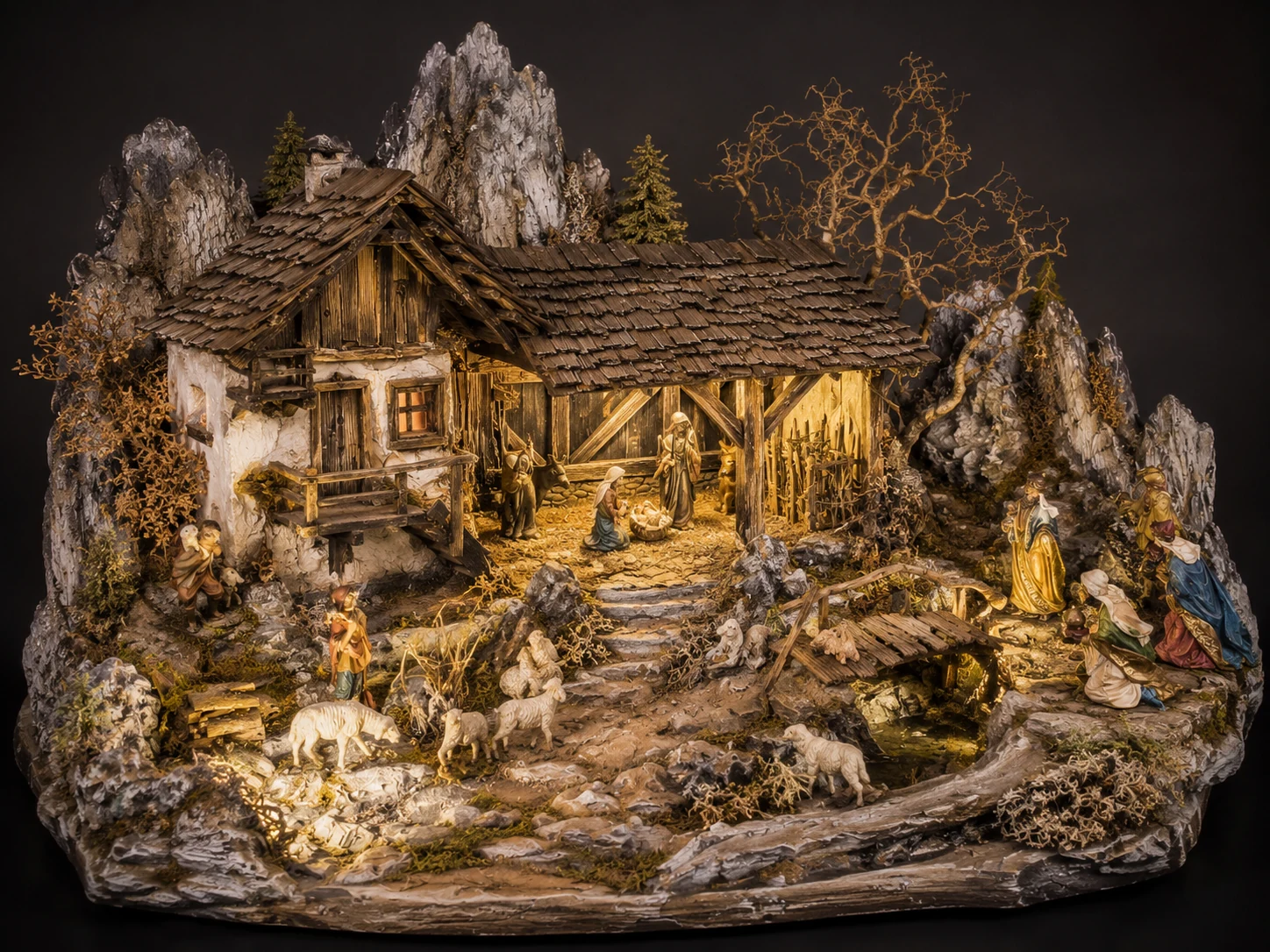 Alpina Grande handcrafted alpine nativity landscape with wooden farmhouse, bridge, mountain paths, and warm lighting
