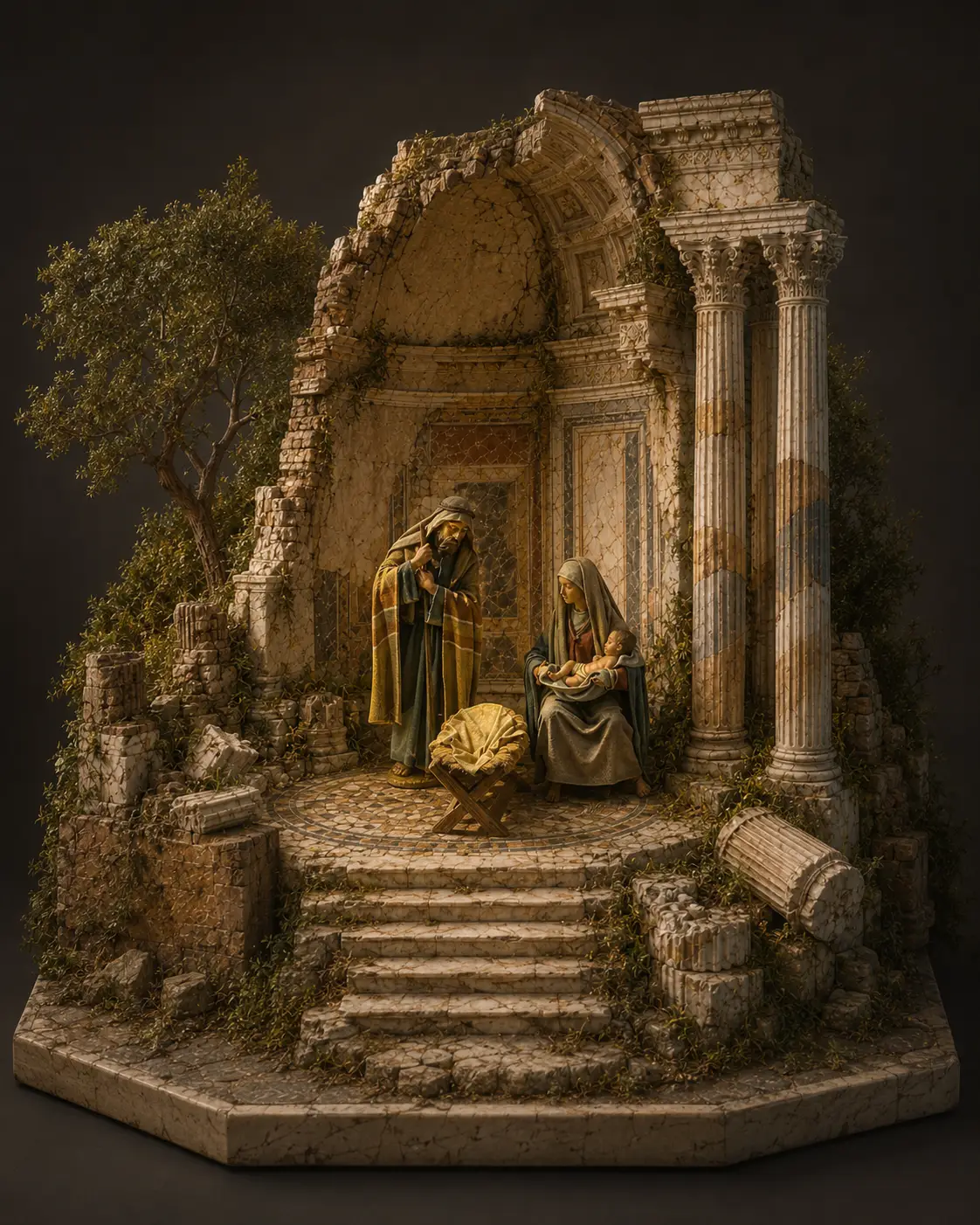 Antica Grande handcrafted nativity artwork with classical columns and mosaic floor