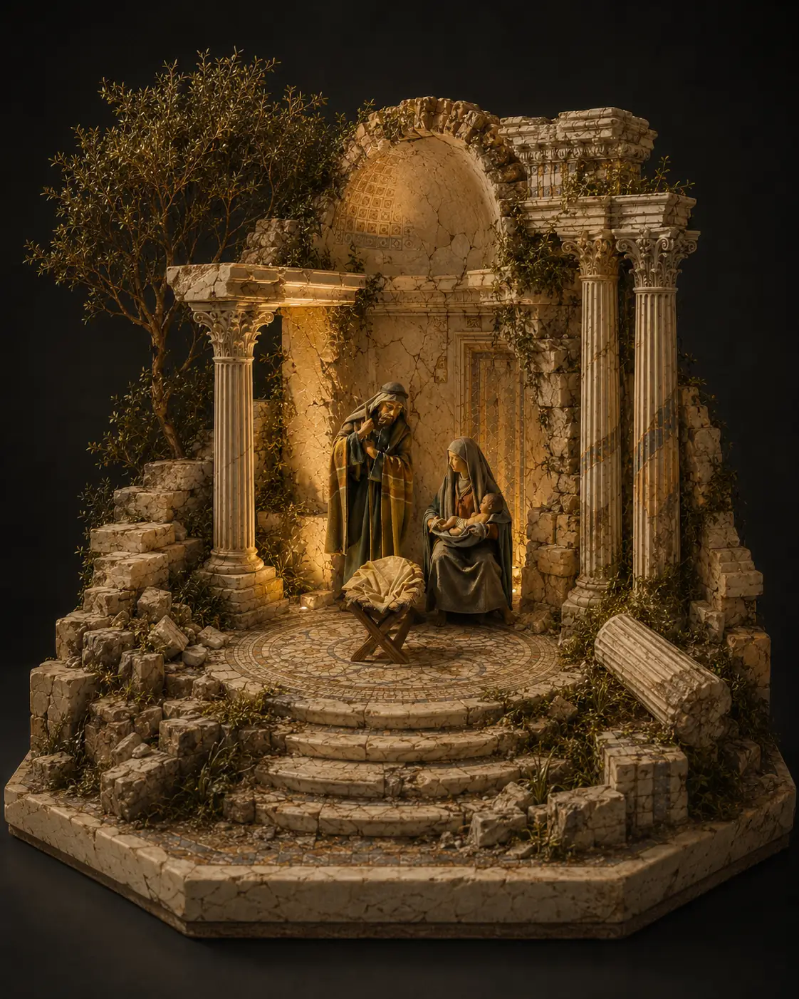 Antica Piccola handcrafted nativity scene with ancient ruin architecture
