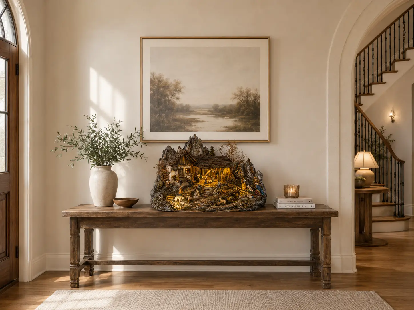 Alpina Grande handcrafted alpine nativity landscape with wooden farmhouse, mountain paths, and warm lighting