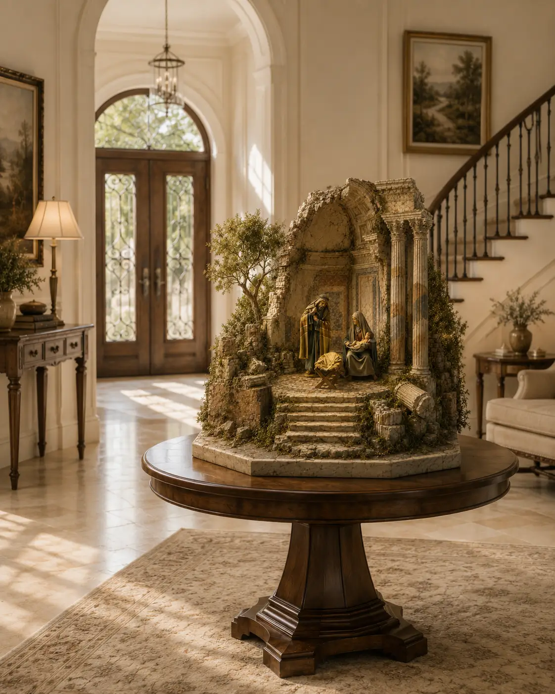 Antica Grande handcrafted nativity artwork with classical columns and mosaic floor