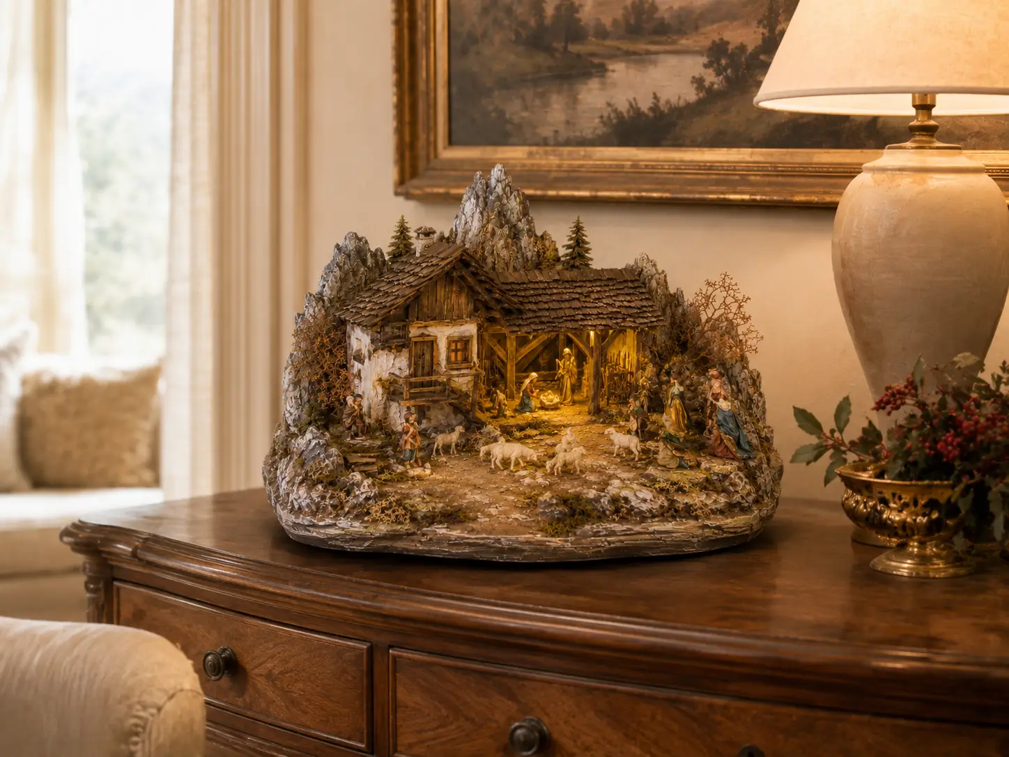 Alpina Piccola handcrafted alpine nativity scene with mountain farmhouse, rocks, and warm lighting