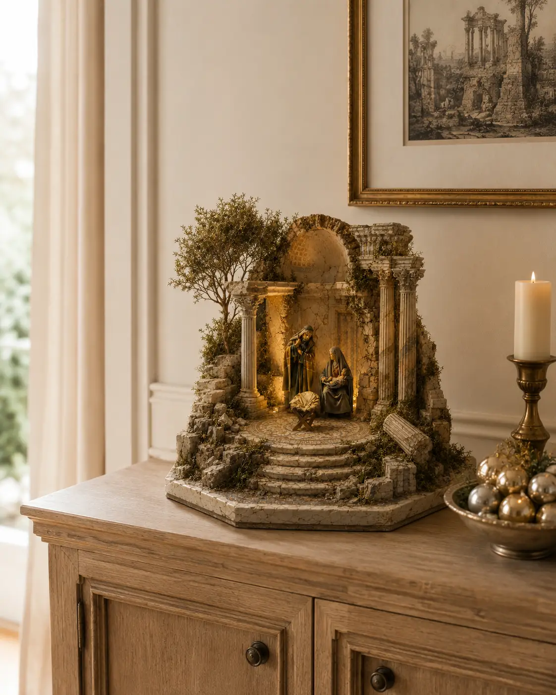 Antica Piccola handcrafted nativity scene with ancient ruin architecture