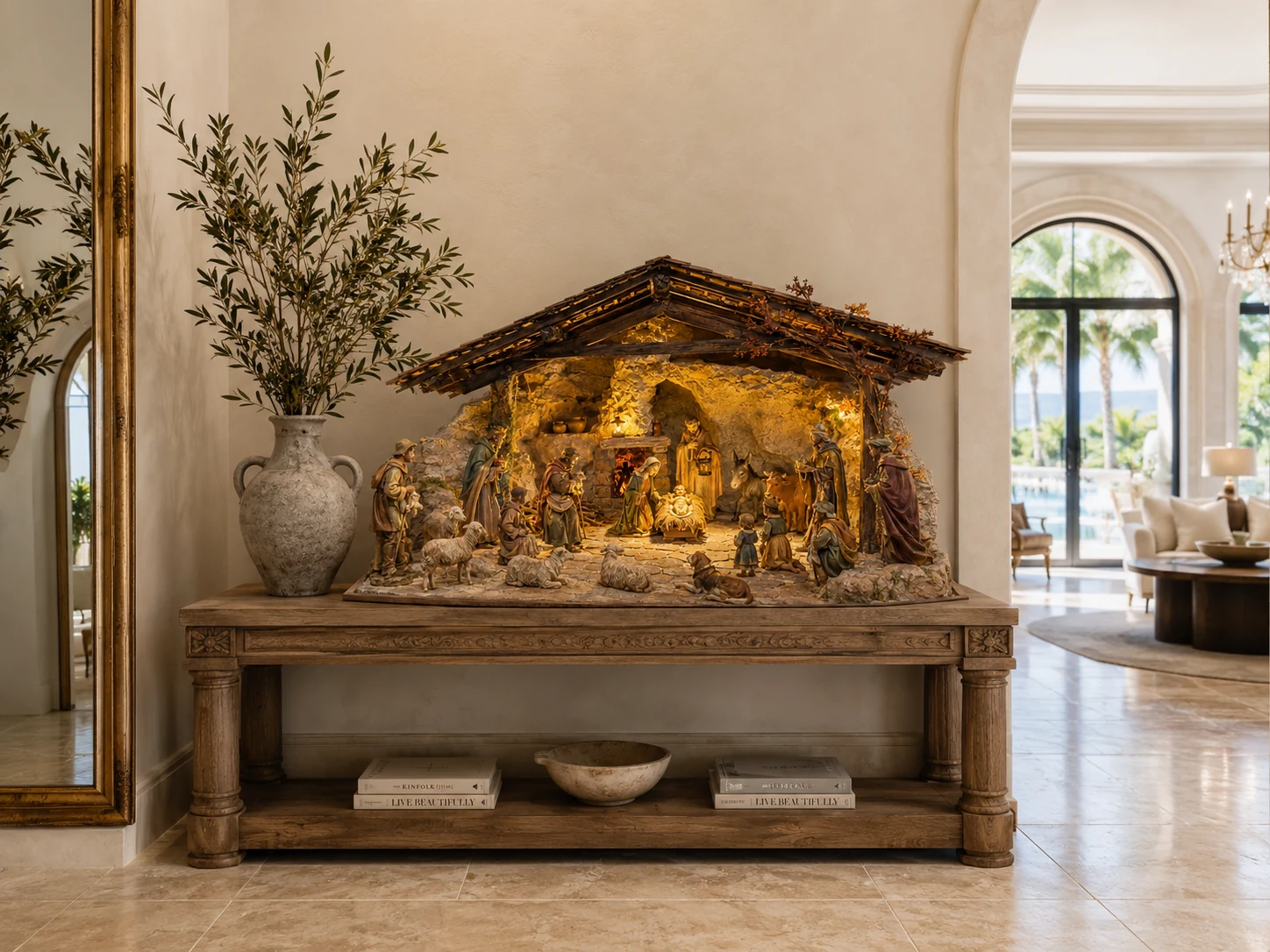 Rustica Grande handcrafted nativity scene displayed in a spacious Orlando foyer